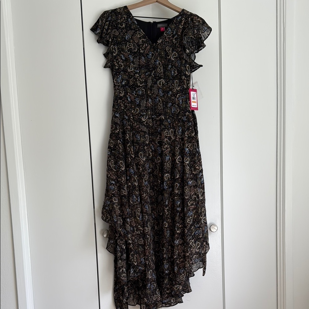 Vince Camuto Black Asymmetrical Ruffled Midi Dress SMALL
